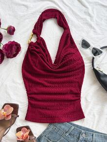 Soleia 女式纹理针织垂坠领金属肩带宽松衬衫，适合派对、圣诞节、约会、夜总会、海滩、游轮、下午茶、波西米亚风、波西米亚风、度假、秋季 - 酒紅色 - 查看 3