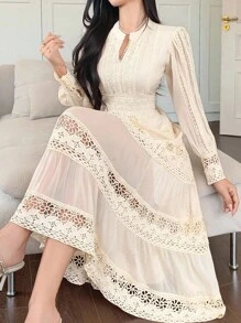 DAZY Women's Elegant Lace Round Neck Puff Sleeve Mid-Length Dress, Autumn,Fall Women Clothes Maxi Dress - Apricot - View 1