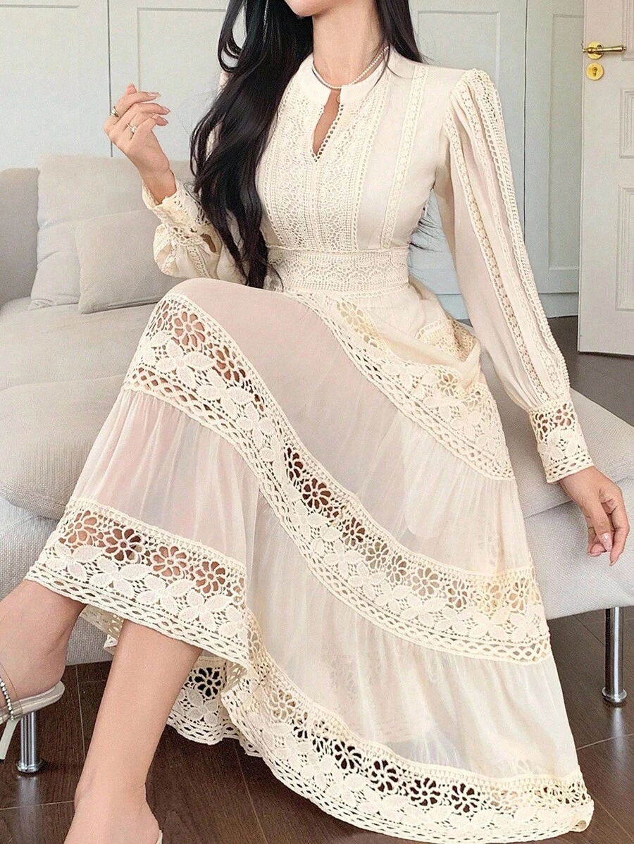 DAZY Women's Elegant Lace Round Neck Puff Sleeve Mid-Length Dress, Autumn,Fall Women Clothes Maxi Dress - Apricot - View 1