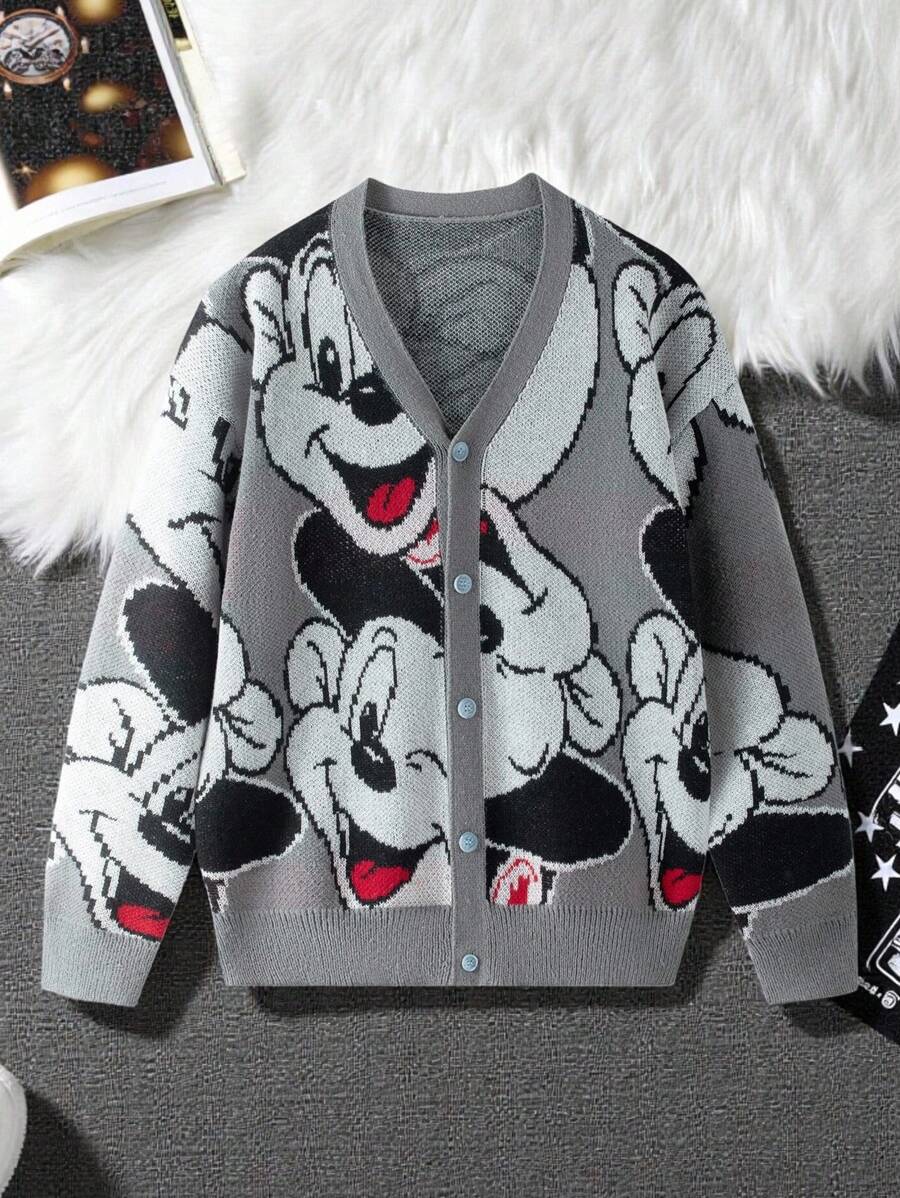 Claim Dot Chaqueta de punto casual con botones y estampado de dibujos animados de manga larga para hombres, adecuada para uso diario en otoño e invierno