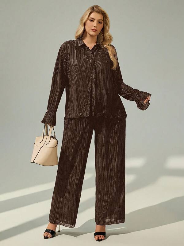 Auralis Plus Size Women Solid Color Bell Sleeve Single-Breasted Shirt And Pants Casual 2 Pieces Set