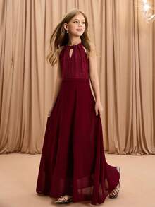 Elegant Luxurious Burgundy Round Neck Halter Long Fitted Mesh Dress For Tween Girl, Suitable For Evening Party, Wedding, Birthday, Holiday, Back To School, Christmas, Halloween And Other Occasions - Burgundy - View 4