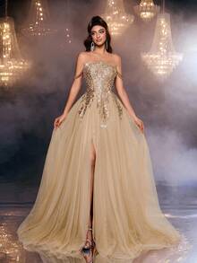 Glamrae 优雅奢华仿珍珠串珠刺绣蕾丝露肩薄纱超蓬松连衣裙，适合婚礼、活动、单身派对、度假、庆典、正式礼服（重度装饰） - 金色 - 查看 8