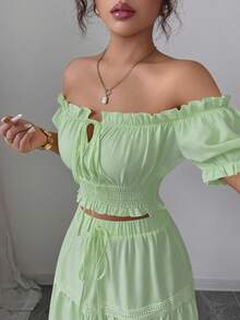 Elenzga New Women's Off Shoulder Puff Sleeve Bowknot Waist A-Line Skirt Set, Vacation Casual Fashion Young Daily Versatile Flattering Elegant - Green - View 3