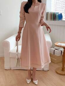 DAZY Damen 3/4 Ärmel elegantes fließendes Midi-Kleid Langarmkleid - Pink - Übersicht 3
