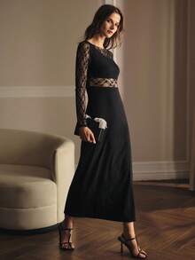 MOTF PREMIUM CONTRAST LACE SHEER DRESS - Black - View 6