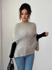 SHEIN Clasi Women's Light Beige Batwing Poncho Sweater,Elegant Office Round Neck Sleeveless Knit Pullover Top,Casual Vintage Stockholm Style For Autumn/Winter - Apricot - View 1