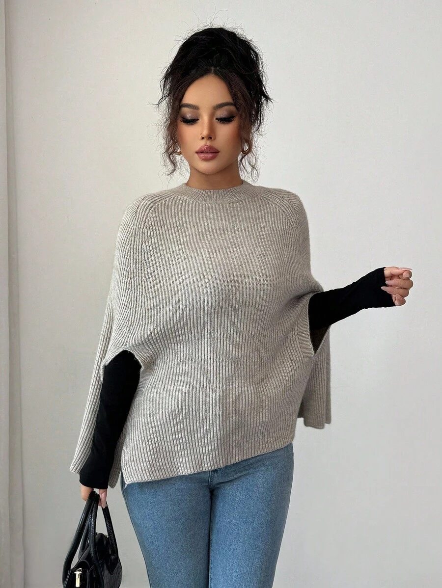 SHEIN Clasi Women's Light Beige Batwing Poncho Sweater,Elegant Office Round Neck Sleeveless Knit Pullover Top,Casual Vintage Stockholm Style For Autumn/Winter - Apricot - View 1