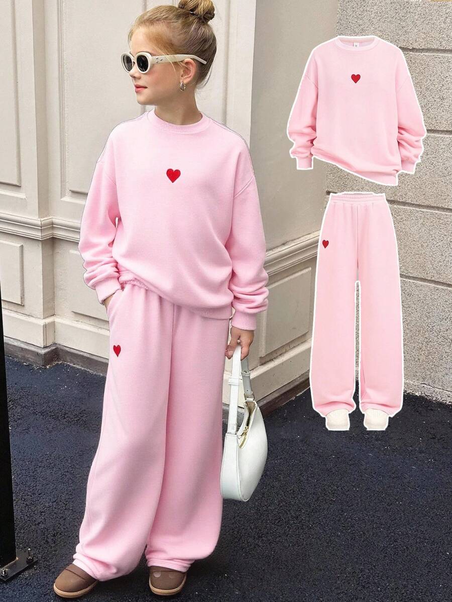 SHEIN Tween Girls Casual Basic Heart Embroidery Loose Fit Crew Neck Sweatshirt And Wide Leg Pants Pink Set, Autumn/Winter Fall