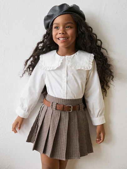 SHEIN x Tata & Beatriz Maija Kids Maija Kids Young Girl Vintage Plaid Fabric Pleated Skirt With Belt Plaid Skirt School Girl Skirt Girls School Uniform Skirt Brown Plaid Skirt Fall Winter