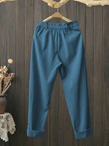 Omancia 女式休闲纯色直筒裤，春夏 - 藍色 - 查看 2