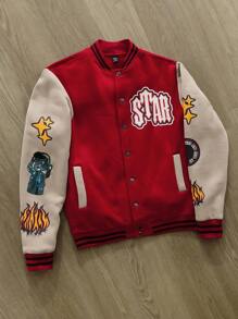 Manfinity Roghcode Men's Solid Color Letter Print Patchwork Long Sleeve Casual Baseball Jacket, Red Varsity Jacket, Red Graphic Jacket, For Fall - Multicolor - View 3