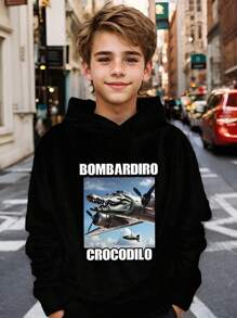 Tween Boys Casual Fashion Funny Cartoon Letter & Airplane Crocodile Pattern Hooded Long Sleeve Sweatshirt, Autumn/Winter Fall - Black - View 1