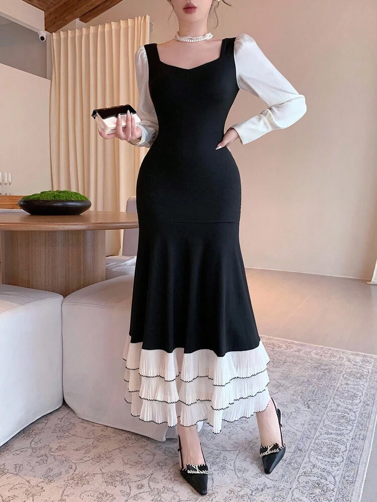 Women's Contrast Color Sweetheart Neck Puff Sleeve Fishtail Hem Elegant Dress Long Sleeve Dress Maxi Dress