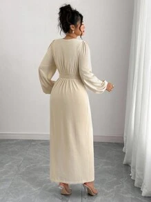 Elenzga 大码女式休闲优雅纯色荷叶边下摆松紧腰长袖长裙，适合工作、度假、春/秋/冬季米色中长裙长袖优雅连衣裙米色女式连衣裙优雅连衣裙 V 领中长裙 - 杏色 - 查看 2