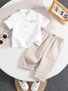 SHEIN 2 件套男婴休闲学院风灰色中式立领衬衫和条纹松紧腰裤套装，适合生日派对、晚会、表演、婚礼、迎婴派对、1 岁生日庆祝