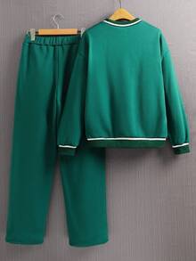 SHEIN 2件套青少年男童休闲舒适百搭印花圆领运动衫和慢跑裤套装 - 綠色 - 查看 6