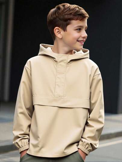 SHEIN Tween Boy Casual Hooded Half-Zip Pockets Loose Pullover Woven Solid Thick Jacket, Suitable For Daily Casual, Vacation, Outdoor Sports, Fit For Spring, Summer, Autumn, Winter, Hoodies For Men, Oversized Hoodie Fall