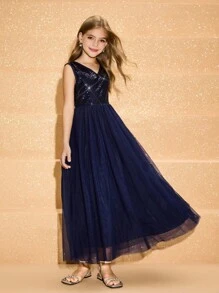 青少年女孩 V 领细肩带亮片撞色网眼腰连衣裙，优雅适合舞会、派对、学校开学典礼 - 藍色 - 查看 5