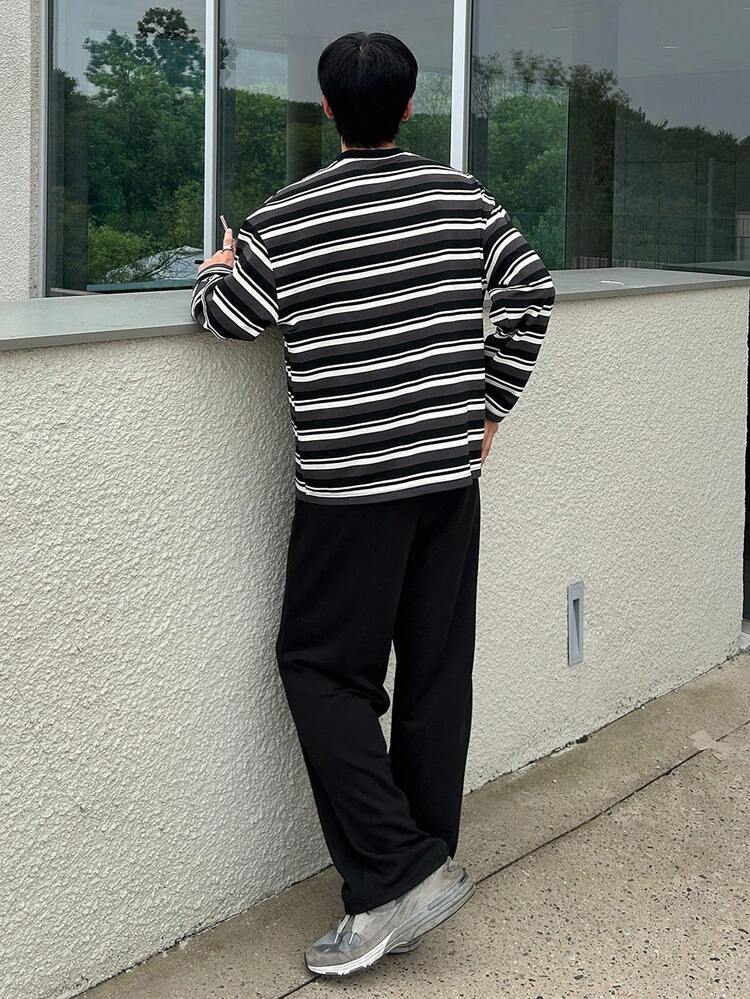 Men's Striped Letter Embroidered Top & T-Shirt Set, Autumn