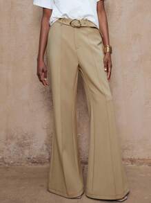 Lumalex VITNOS 秋冬新款高端优雅女装优雅卡其色舒适百搭金属装饰腰带设计宽松喇叭腿裤，配有腰带秋季商务休闲女士适合音乐会、约会、婚礼、派对、生日、夜间外出