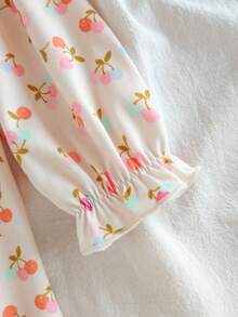 女婴家居服樱桃印花褶皱领长袖褶边下摆连衣裙，田园风格可爱连衣裙，适合女婴春秋季 - 杏色 - 查看 3