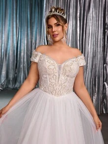 Glamrae Váy cưới chữ A bằng vải tuyn thêu hoa văn ren Pháp sang trọng, lãng mạn, màu trắng cỡ lớn, hở vai, trang trí hạt thủ công - trắng - Xem 2