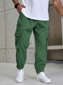 Manfinity Homme Plus Size Men's Drawstring Waist Cargo Pocket Casual Jogger Pants, For Fall - Green - View 7