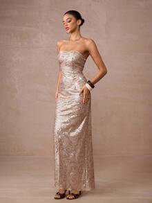 Lumalex Vestido de sirena con textura ondulada de lentejuelas para mujer, necesario para fiestas de otoño e invierno, elegante, glamoroso, de nuevo estilo, de lujo, para fiestas, reuniones, banquetes, modestos, de brillo, para fiestas, festivales, vacaciones, bodas, Eid Al-Adha, Año Nuevo, con decoración perlada, en color champán y dorado - Caqui - Ver 6