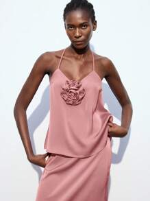 Maija Women's Summer Bubble Gum Pink Floral 3D Decor Tie-Back Halter Neck Tank Top, Casual Business Commute Elegant Vacation Off Shoulder Blouse