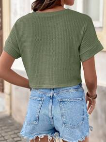 Camiseta corta de manga de murciélago de color sólido de primavera, de moda simple - Verde Oliva - Ver 2