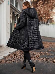 SHEIN Clasi Áo khoác dài chần bông có khóa kéo cỡ lớn dành cho nữ, mùa thu/đông - màu đen - Xem 10