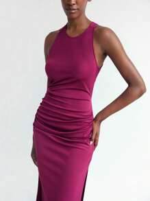 Maija Váy xẻ tà hở lưng màu trơn gợi cảm cho nữ, mùa hè - Màu tím - Xem 6