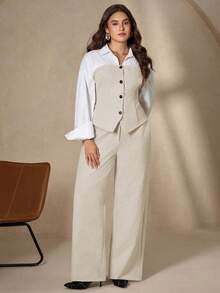 Chikora Plus Size Elegant White Autumn Office Commuter Patchwork Shirt & Wide Leg Linen Pants 2 Pieces Set,Women Linen Vest Outfit Pants Suit Outfits - Multicolor - View 4
