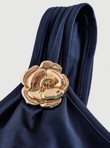 SHEIN X Hannahelzahed SHEIN MOD Gold Brooch Decor Asymmetric Neck Ruched Fishtail Skirt - Navy Blue - View 3