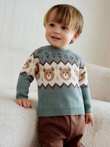 Cozy Pixies 男婴小熊几何图案圆领长袖套头毛衣，厚实柔软舒适休闲百搭 - 綠色 - 查看 10