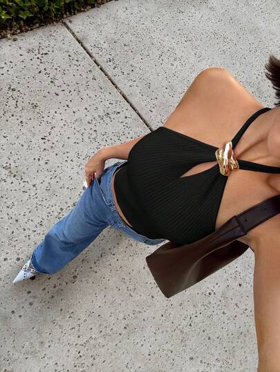 Siren Gaze 2025 New Metal Decor Halter Knit Top For Women,Fall Chic Black Summer Casual Black