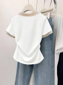 SHEIN 女士休闲百褶领修身T恤 - 白色 - 查看 2