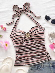 Soleia Vacation Halter Tie V-Neck Floral Metal Buckle White Knit Textured Fitted Tank Top, Suitable For Vacation, Music Festival, Bohemian, Holiday, Date, Afternoon Tea Striped Swimsuits Top Knitted Bathing Suit Top Bathing Suits Top Striped Tube Top Crochet Swimsuit Top,Party