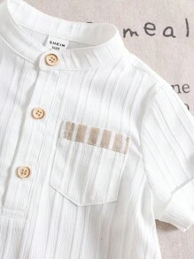 SHEIN 2 件套男婴休闲学院风灰色中式立领衬衫和条纹松紧腰裤套装，适合生日派对、晚会、表演、婚礼、迎婴派对、1 岁生日庆祝