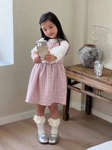 SHEIN 2 pièces/Set Robe rose à carreaux élégante pour filles avec Top à manches longues blanches, décoration de nœud 3D blanc, convient pour les sorties, l'école, les activités extérieures - Multicolore - Voir 9