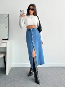 SHEIN Cottnline HIGH RISE MIDI DENIM SKIRT WITH MULTI BUTTON - Medium Wash - View 5