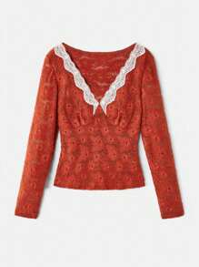 lacRébo Áo ren tay dài cổ chữ V viền ren tương phản cho nữ mùa thu trở lại trường - Rỉ Nâu - Xem 7