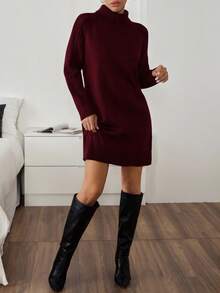 EURMUSE 深酒红色立领修身麻花袖针织毛衣裙 - 酒紅色 - 查看 2
