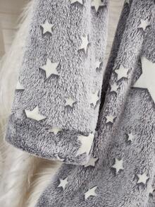 男士柔软法兰绒星形图案睡袍，舒适休闲家居服，秋冬 - 灰色 - 查看 5