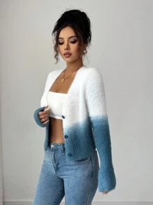 Elenzga 秋冬女士柔软渐变色仿貂针织开衫 - 彩色 - 查看 3