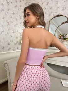 Top de pyjama pour femme avec motif cerise doux et empiècement en dentelle