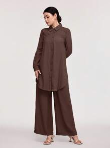 Veilorie 2 件套：女士休闲优雅撞色蕾丝纽扣衬衫和裤子 - 咖啡棕 - 查看 3