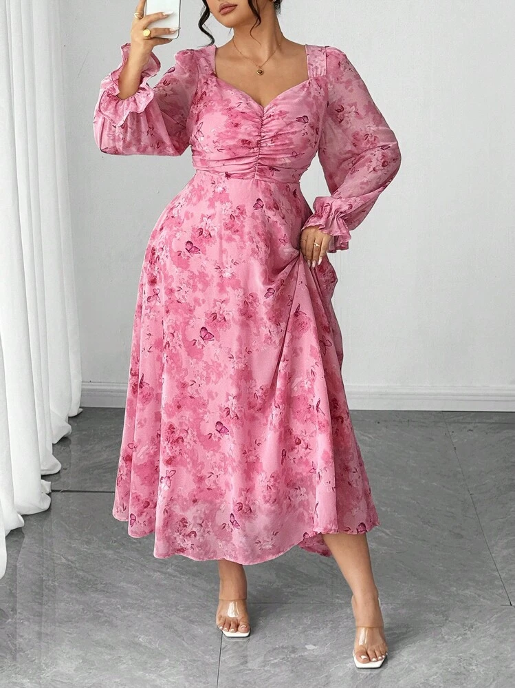 Elenzga Plus Size Women's Elegant Square Neck Ditsy Floral Waist Cinched A-Line Long Sleeve Dress Fall Cloth For Women - Pink - View 4