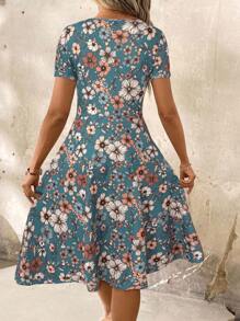 SHEIN Clasi V-Neck Button Red Floral Print Waist Cinched Women Dress,Spring Dress,Valentine Day Dress,Casual - Dusty Blue - View 2